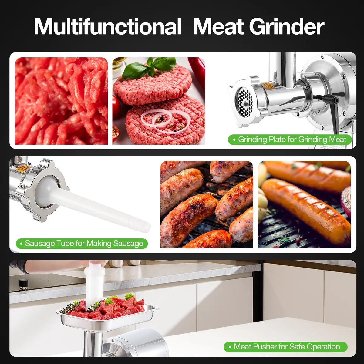 Tecspace 1.5 Hp 1100W Commercial Meat Grinder Heavy Duty, 550 Lbs/H Food Grade 304 Stainless Steel Electric Meat Grinder With 5 Grinding Plates, 2 Blades, Meat Pusher, Sausage Tube 2