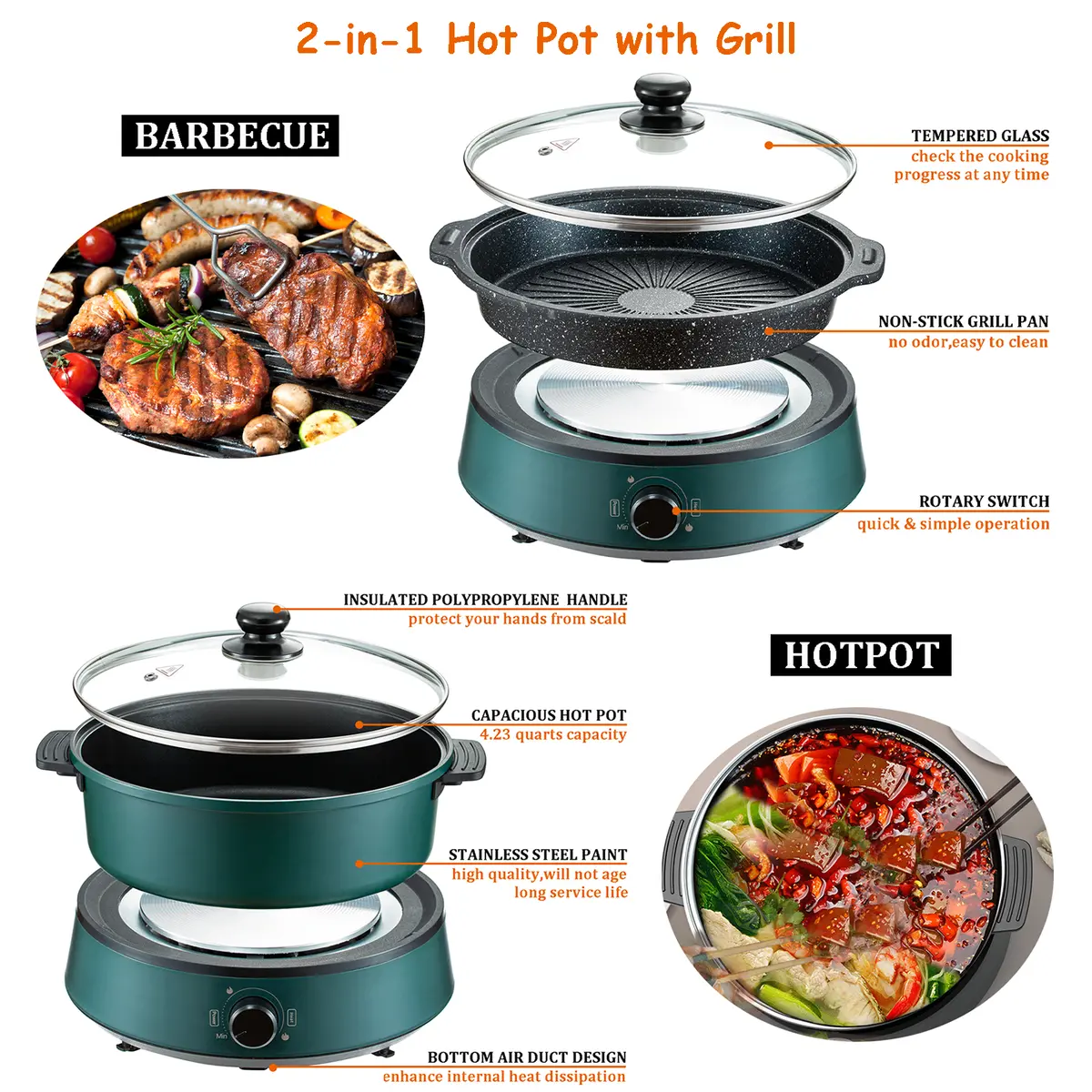 Tecspace 2 In 1 Electric Skillet Split Hot Pot With Grill 1350W,Large Capacity 4.23 Qts.Cooking Pot,11 Inch Baking Pan,Overtemperature Protection 2