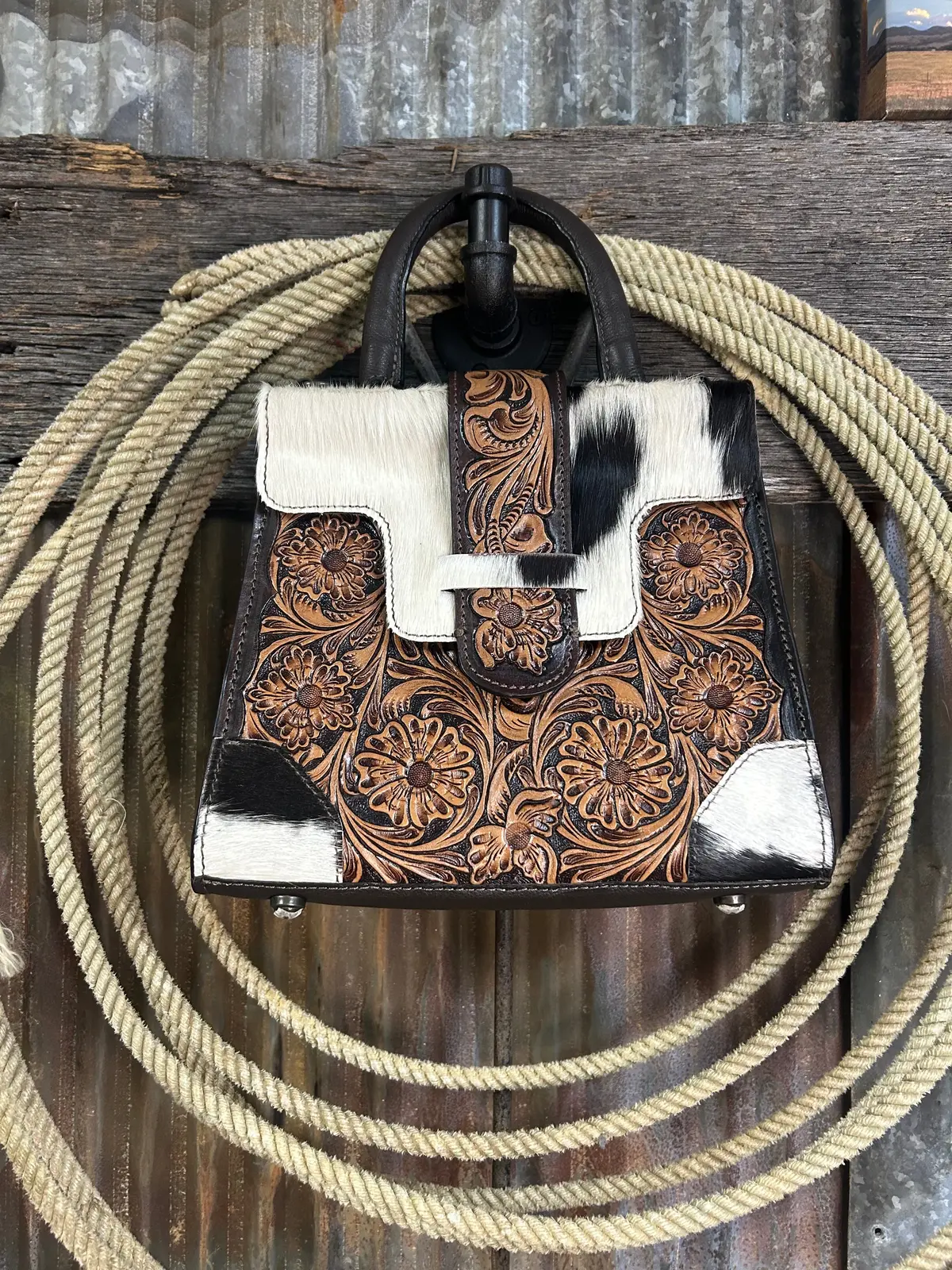 Challenger Floral Tooled Leather Cowhide Tote Purse 1