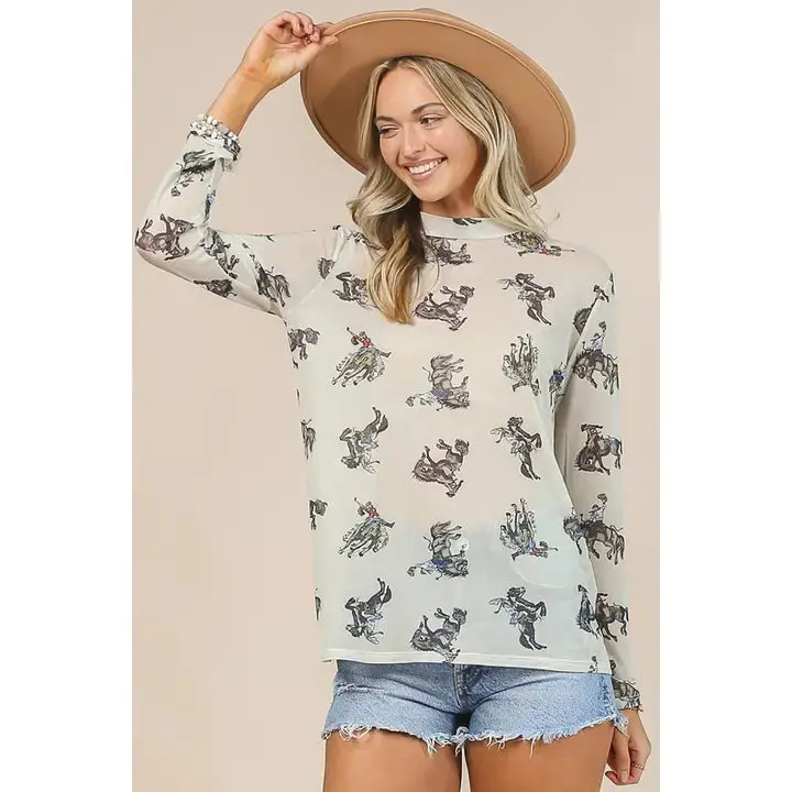 Avery Cowboy Print Mesh Top 1