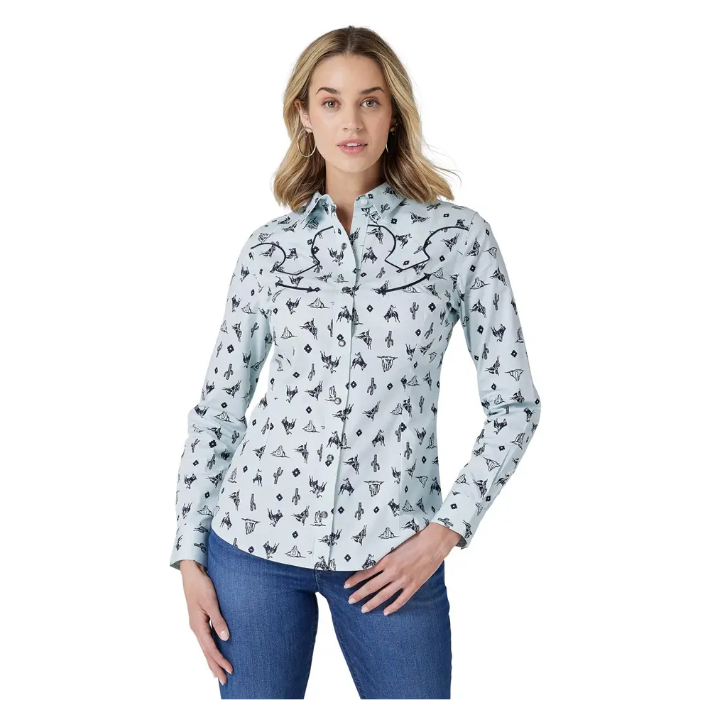 Women's Retro Western Snap Shirt In Blue Print 1