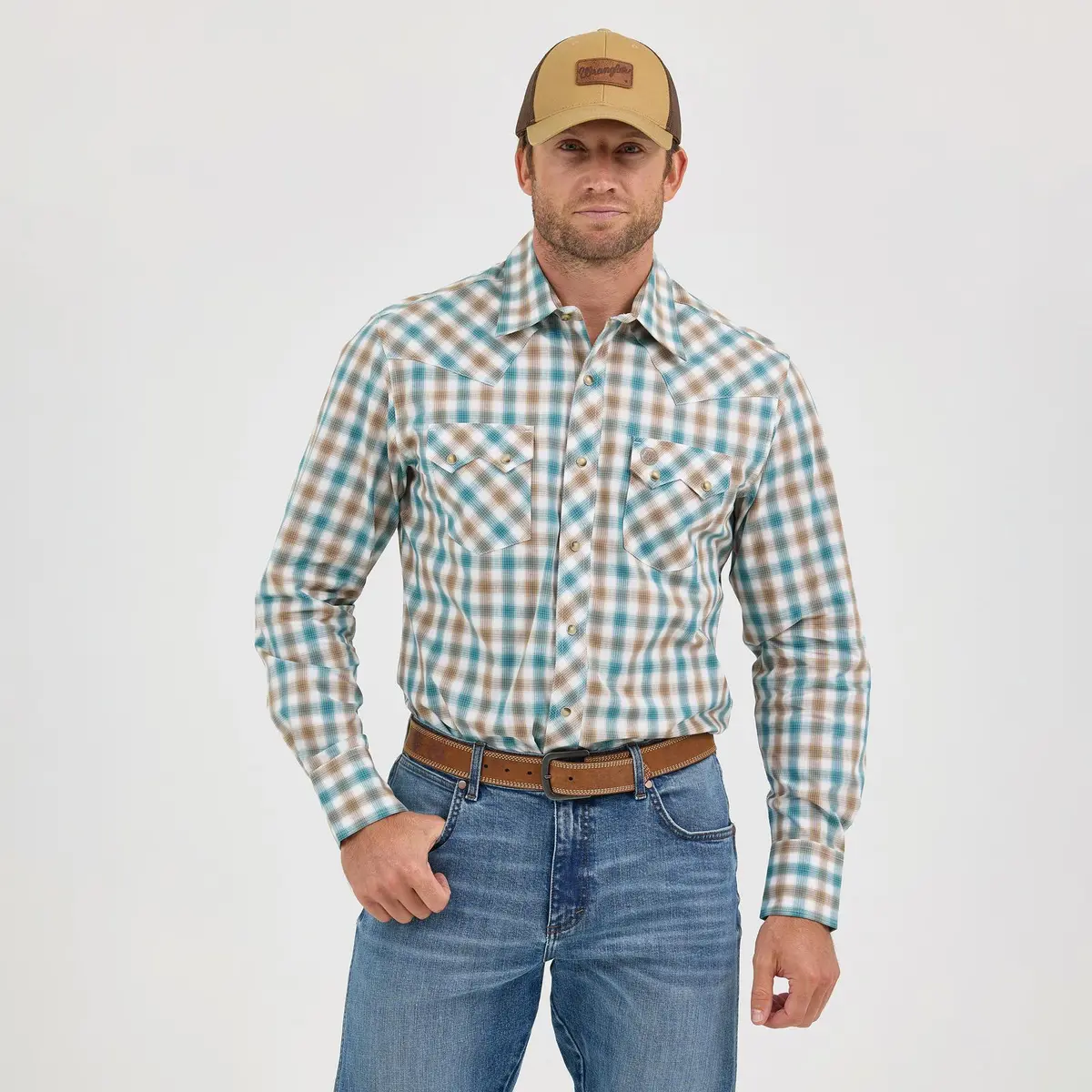 Wrangler Retro® Long Sleeve Shirt In Turquoise/Brown 1