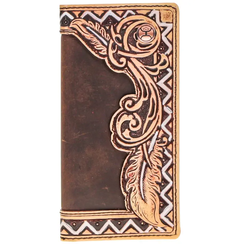 Hooey "War Paint" Brown/Tan Hand Tooled Aztec Feather Filigree Rodeo Wallet 1