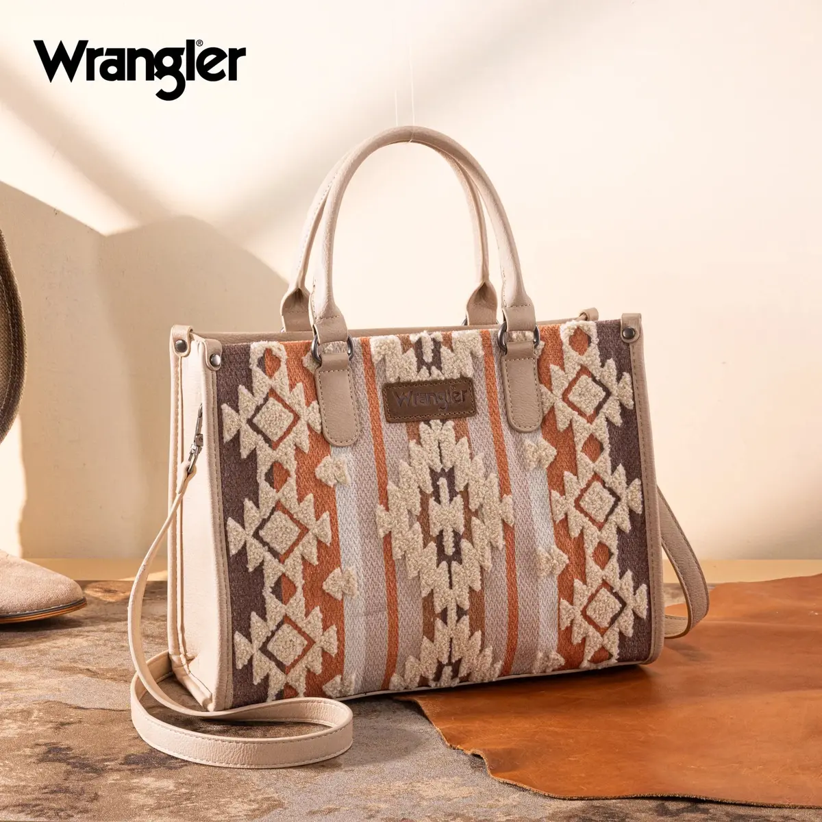 Wrangler Sherpa Aztec Canvas Tote/Crossbody - Tan 1