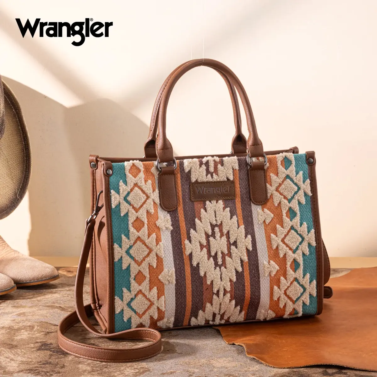 Wrangler Sherpa Aztec Canvas Tote/Crossbody - Brown 1