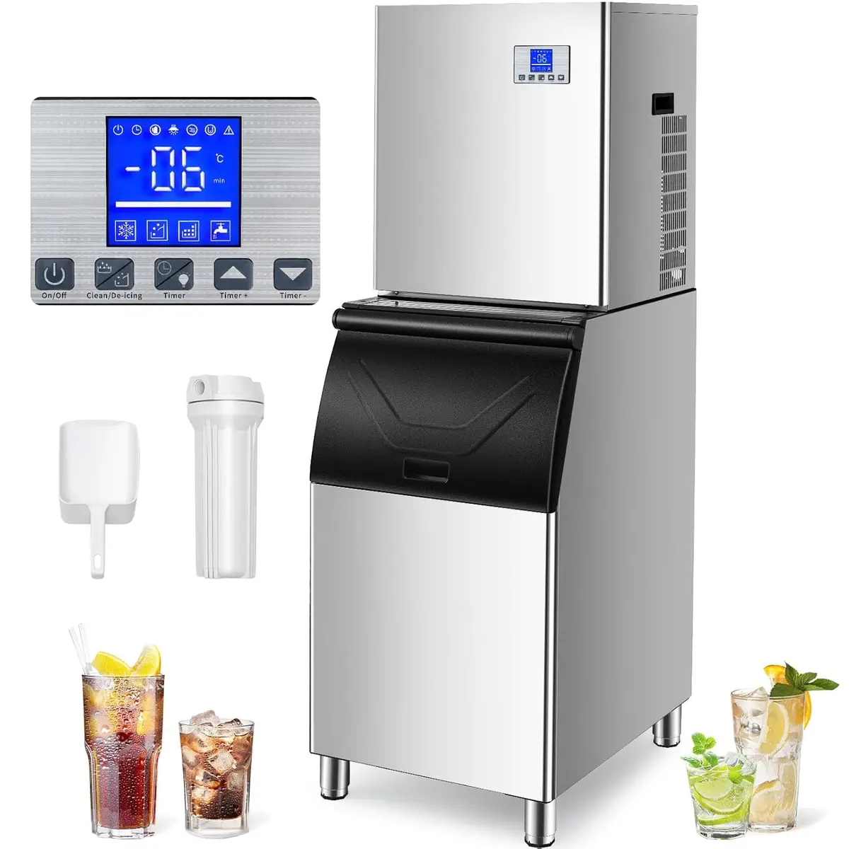 Tecspace Commercial Ice Maker Machine 344Lbs/24H With 165Lbs Large Storage Bin, Industrial Ice Machine 24H Smart Appointment Scheldluing Ice Making For Restaurant/Bar/Cafe, Ice Ready In 15 Mins 1