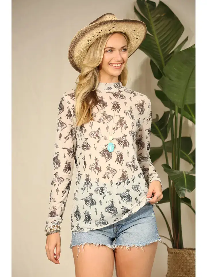 Avery Chelsea Cowboy Print Mock Neck Mesh Top 1