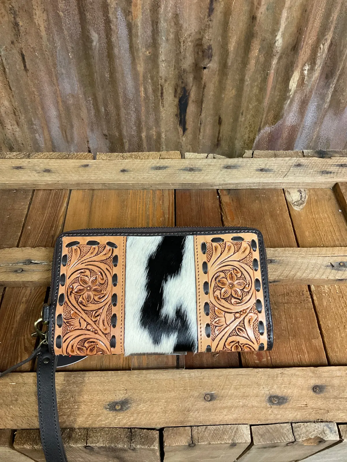 Challenge Western Cowhide Floral Tooled Wallet Clutch 1