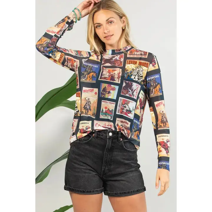Avery Vintage Western Print Mesh Top 1