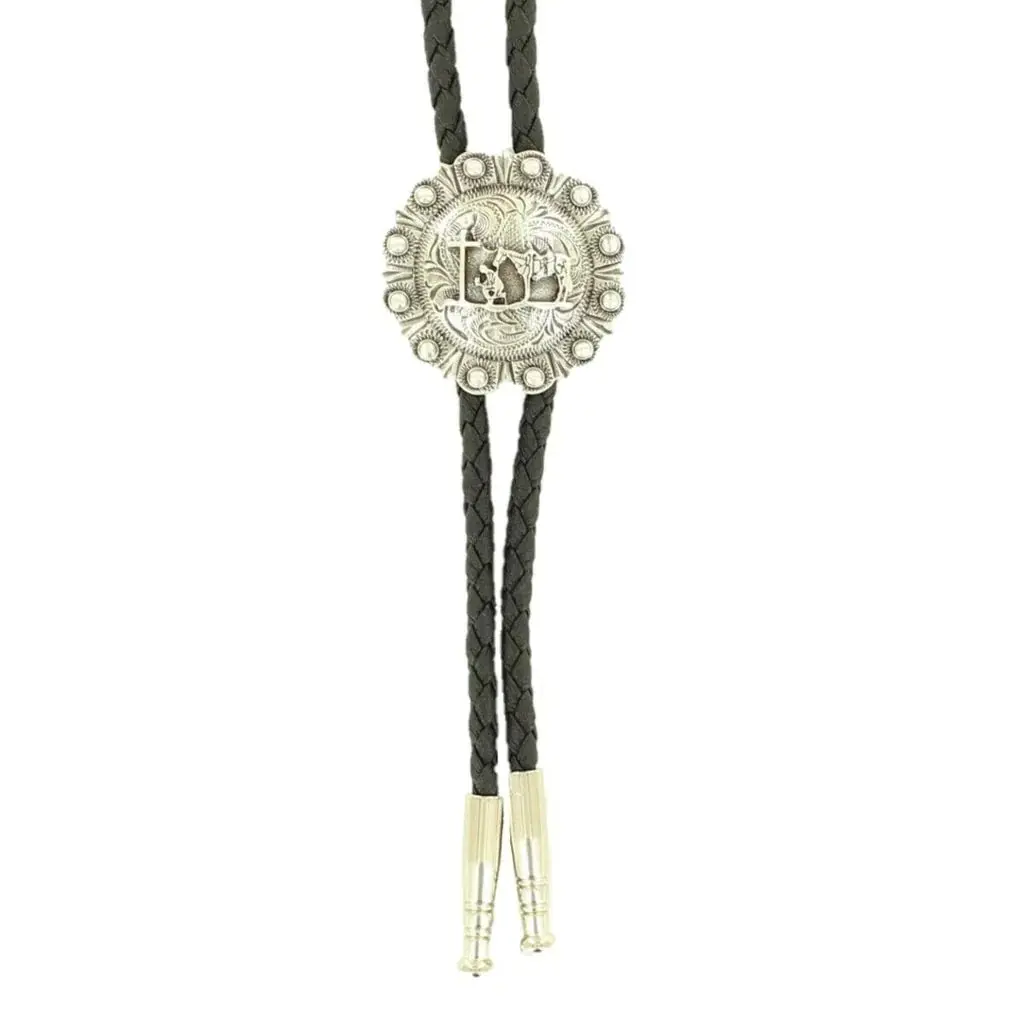 Double S Silver Engraved Praying Cross Round Bolo Tie 1