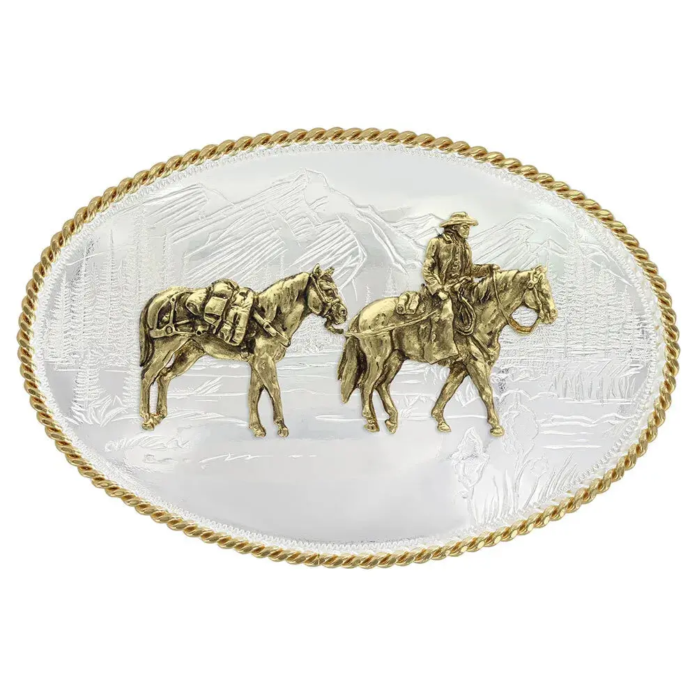 Montana Silversmith Etched Mountains Western Belt Buckle With Pack Horse And Rider 1