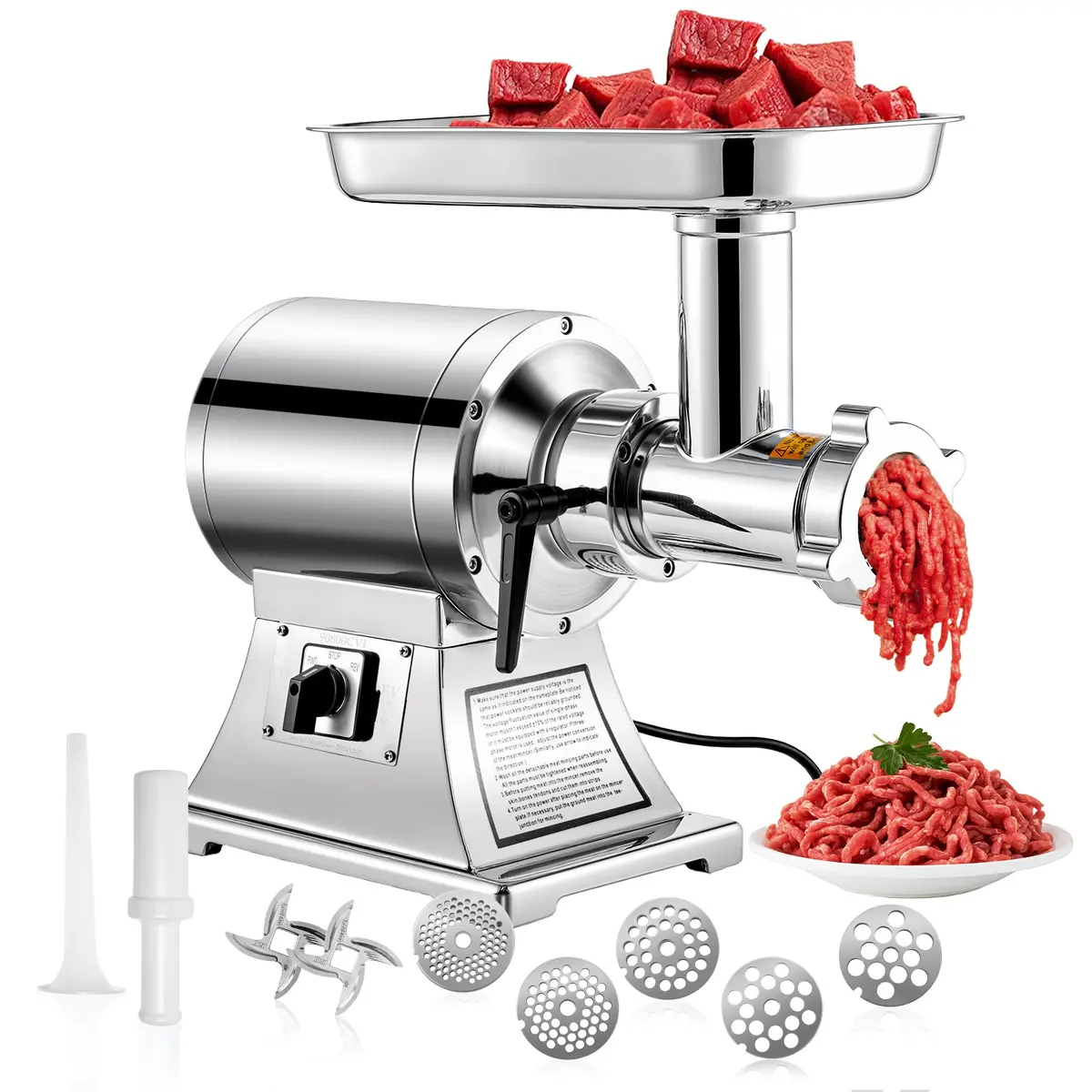 Tecspace 1.5 Hp 1100W Commercial Meat Grinder Heavy Duty, 550 Lbs/H Food Grade 304 Stainless Steel Electric Meat Grinder With 5 Grinding Plates, 2 Blades, Meat Pusher, Sausage Tube 1
