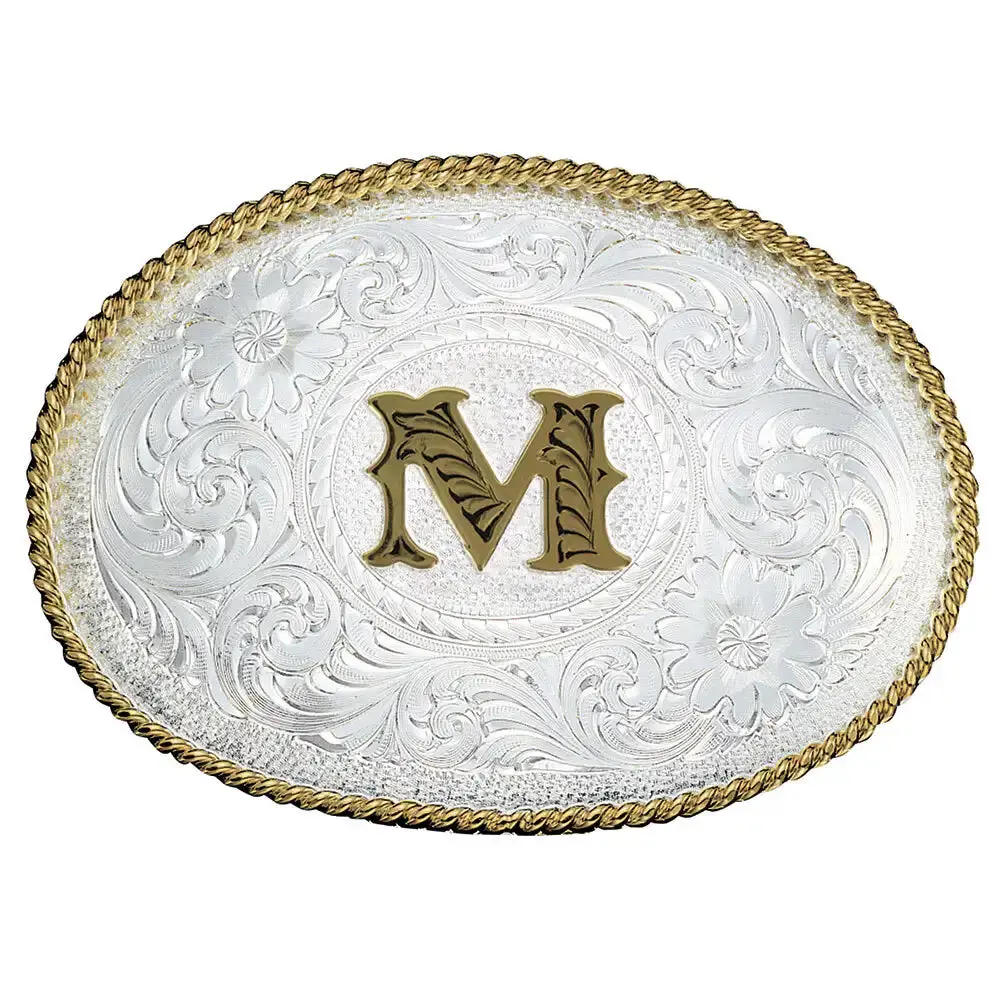Initial M Silver Engraved Gold Trim Western Belt Buckle 1