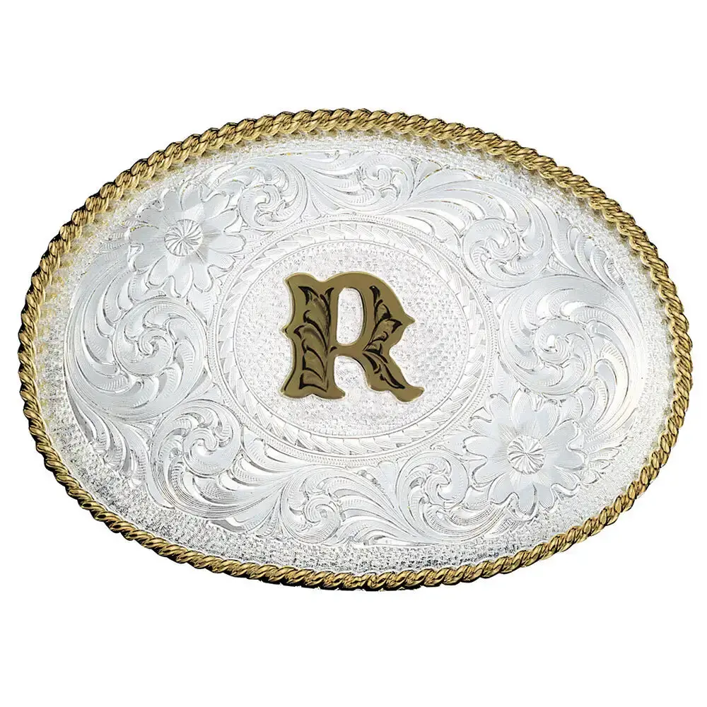 Initial R Silver Engraved Gold Trim Western Belt Buckle 1