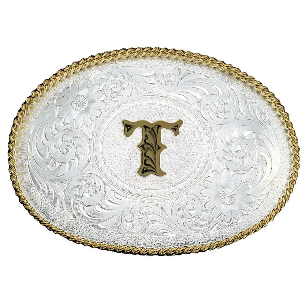 Initial T Silver Engraved Gold Trim Western Belt Buckle 1