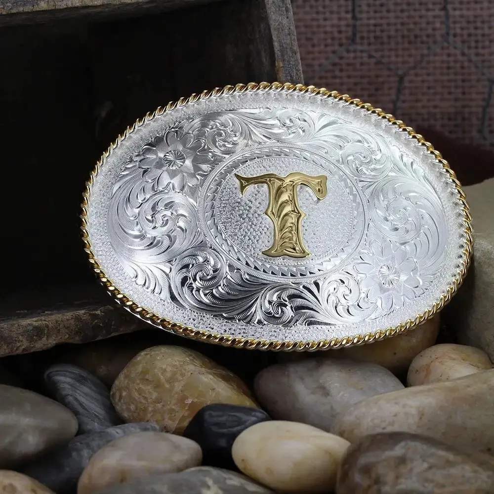 Initial T Silver Engraved Gold Trim Western Belt Buckle 2