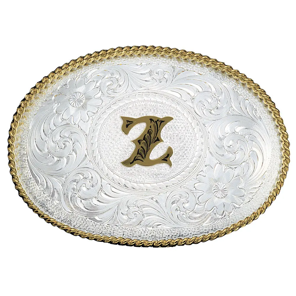 Initial Z Silver Engraved Gold Trim Western Belt Buckle 1