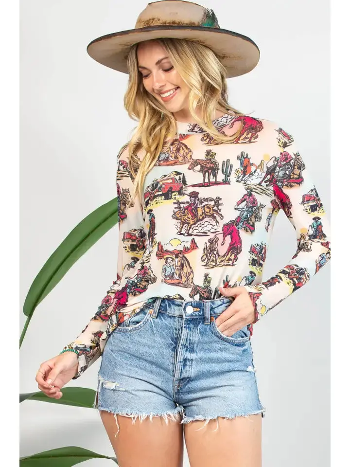 Avery Vintage Western Print Semi Sheer Mesh Top 1
