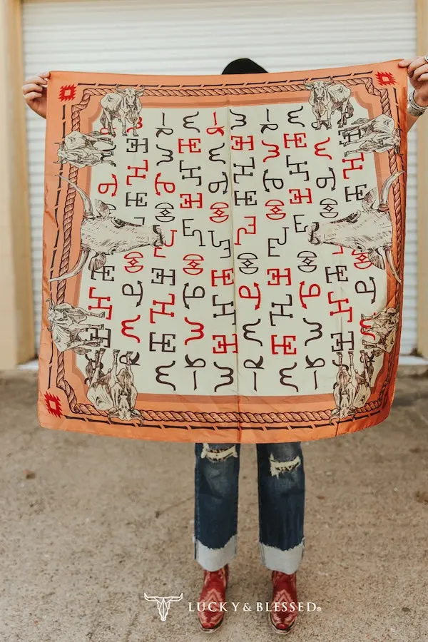 Beige Western Cattle Brand Printed Wild Rag 1