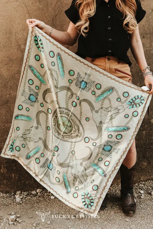 Cow Skull Turquoise Stone Printed Wild Rag 1
