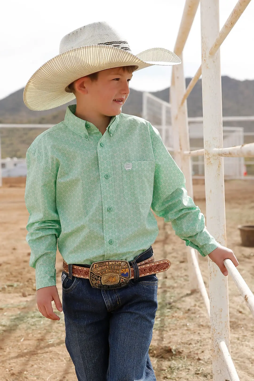 Cinch Boys L/S Green Print Button Down Shirt 1