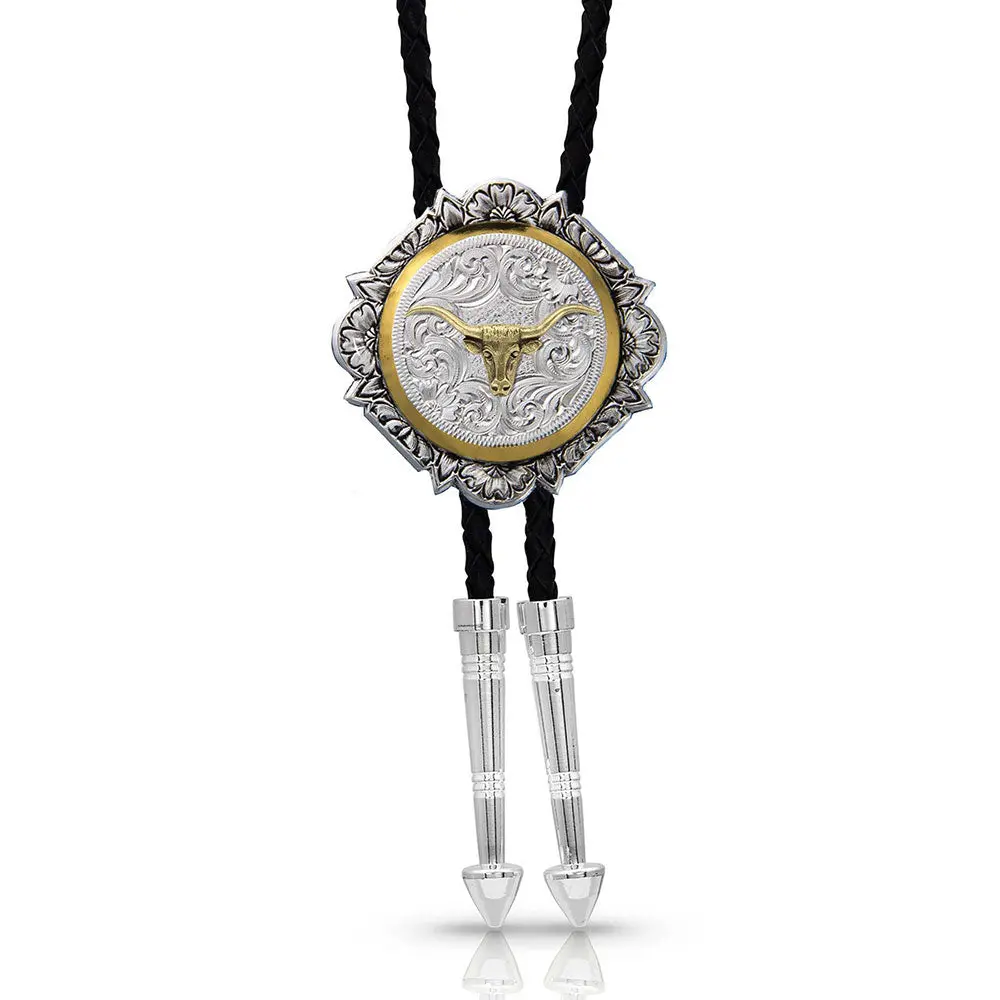 Montana Silversmiths Silver And Gold Engraved Button Bolo Tie 1