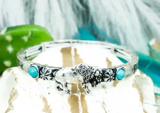 Turquoise 'Stay Wild' Buffalo Silvertone Stretch Bracelet 1