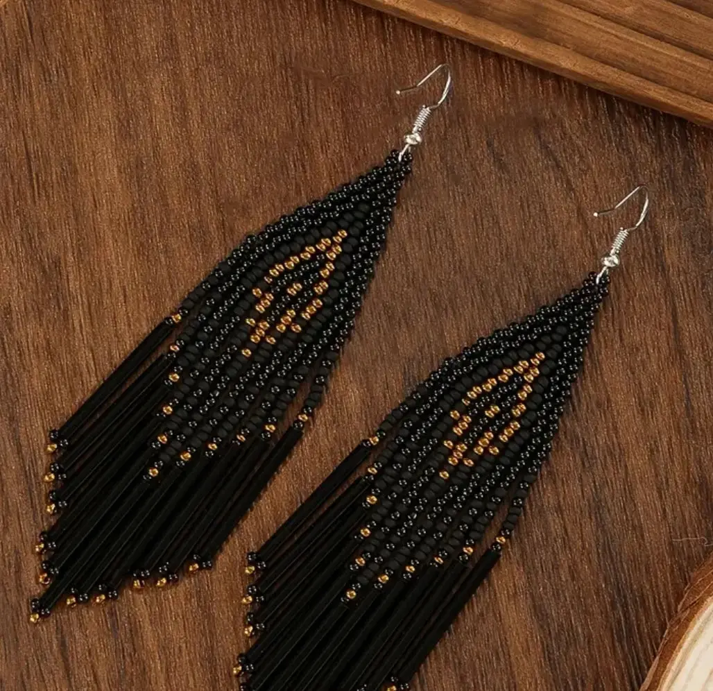 Black Beaded Tassel Earrings 1