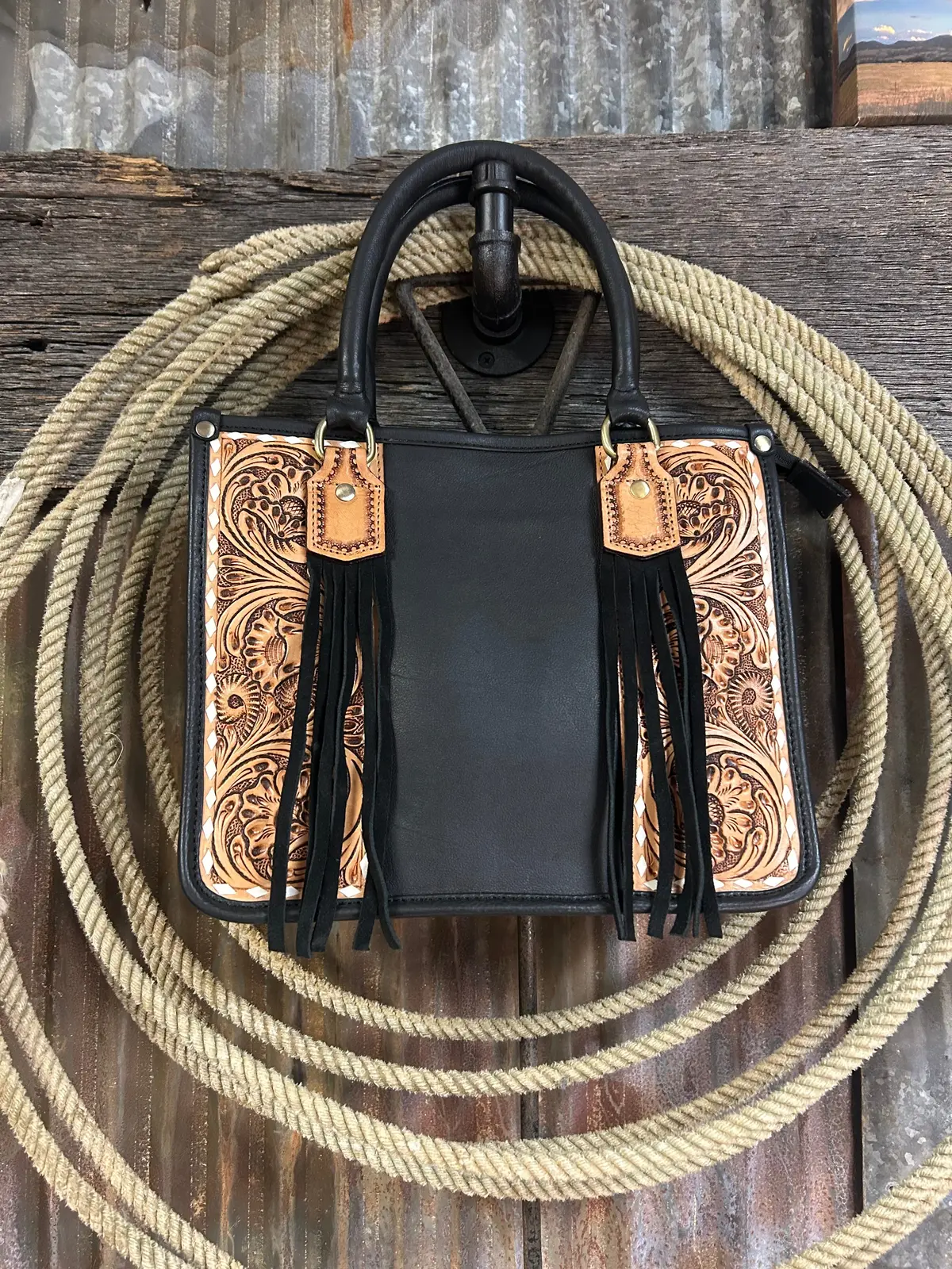 Challenger Black Pebbled Leather Floral Tooled Fringe Purse 1