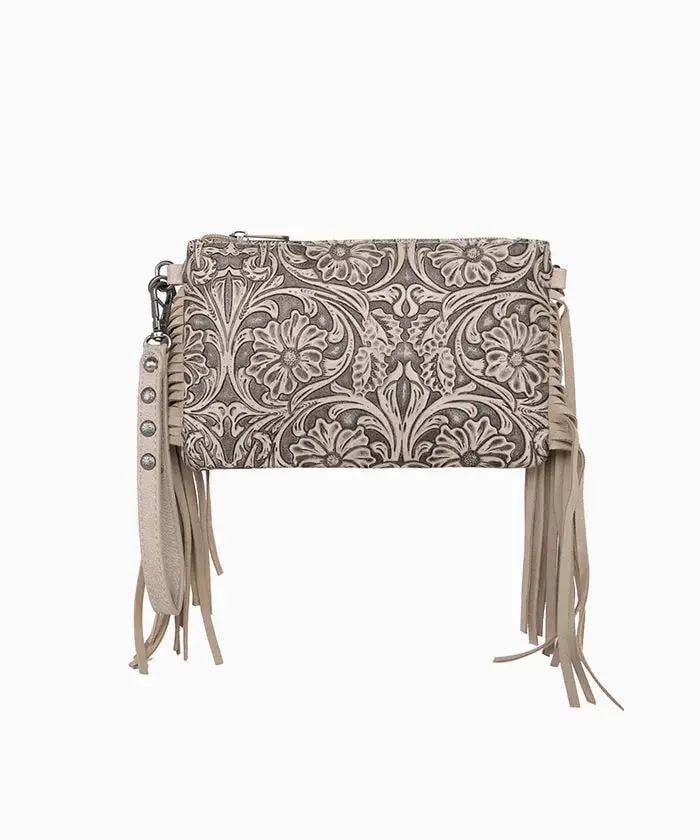 Montana West Floral Embossed Fringe Crossbody Clutch 1