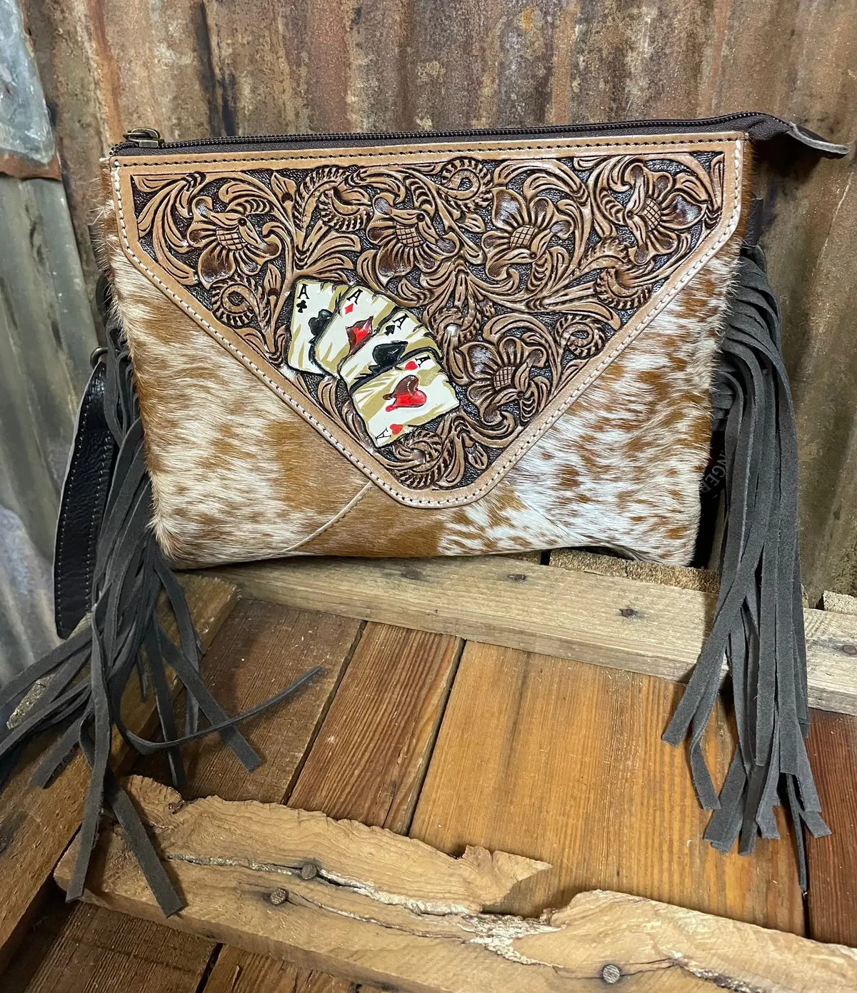Challenger Western Cowhide Poker Tooled Handbag 1