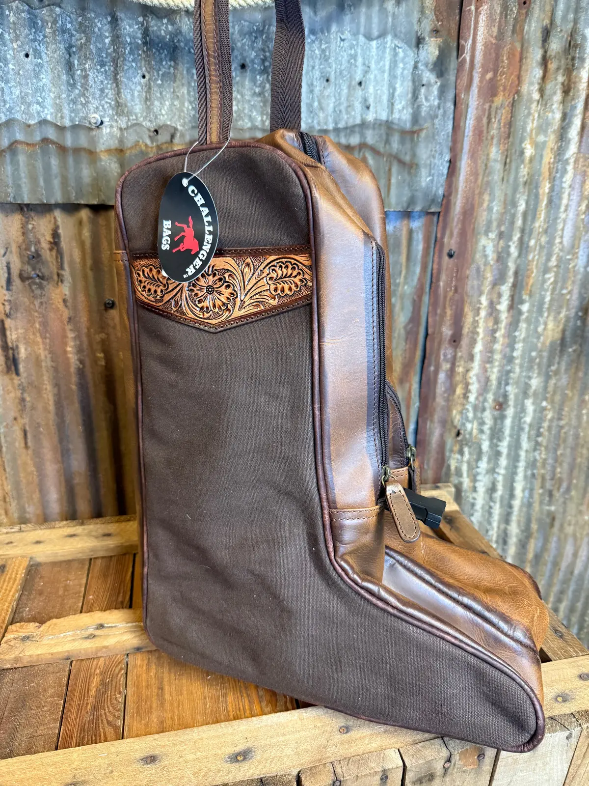 Challenger Brown Canvas Distressed Leather Travel Carry Boot Bag 1