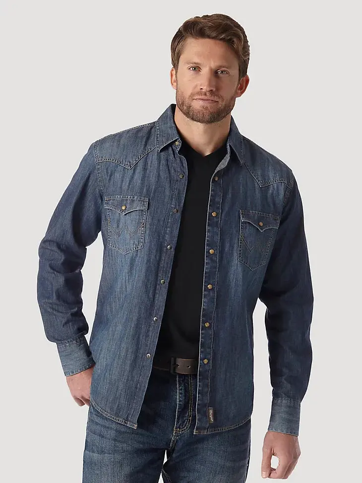 Wrangler Retro Long Sleeve Blue Denim Western Shirt 1