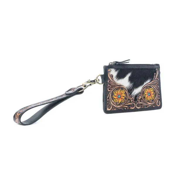 Myra Wildflower Mesa Hand-Tooled Hair-On Leather Card Holder 1