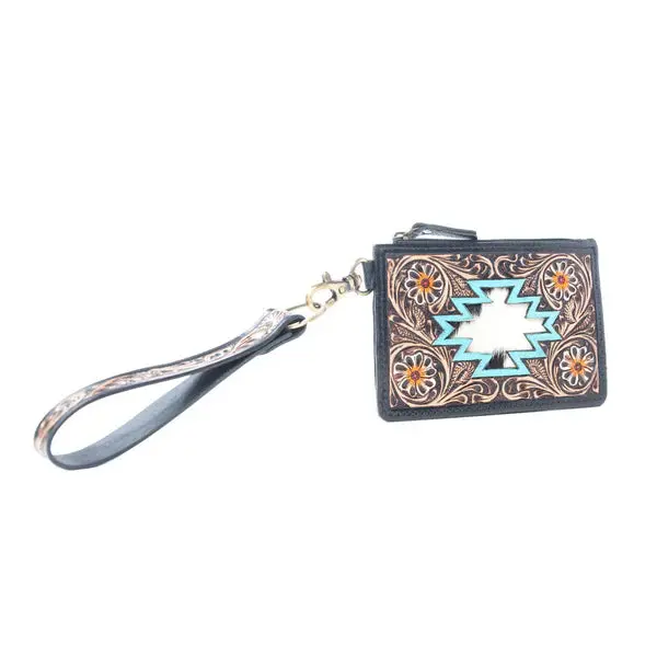 Myra Navajo Sky Hand-Tooled Hair-On Leather Card Holder In Antique Brown 1