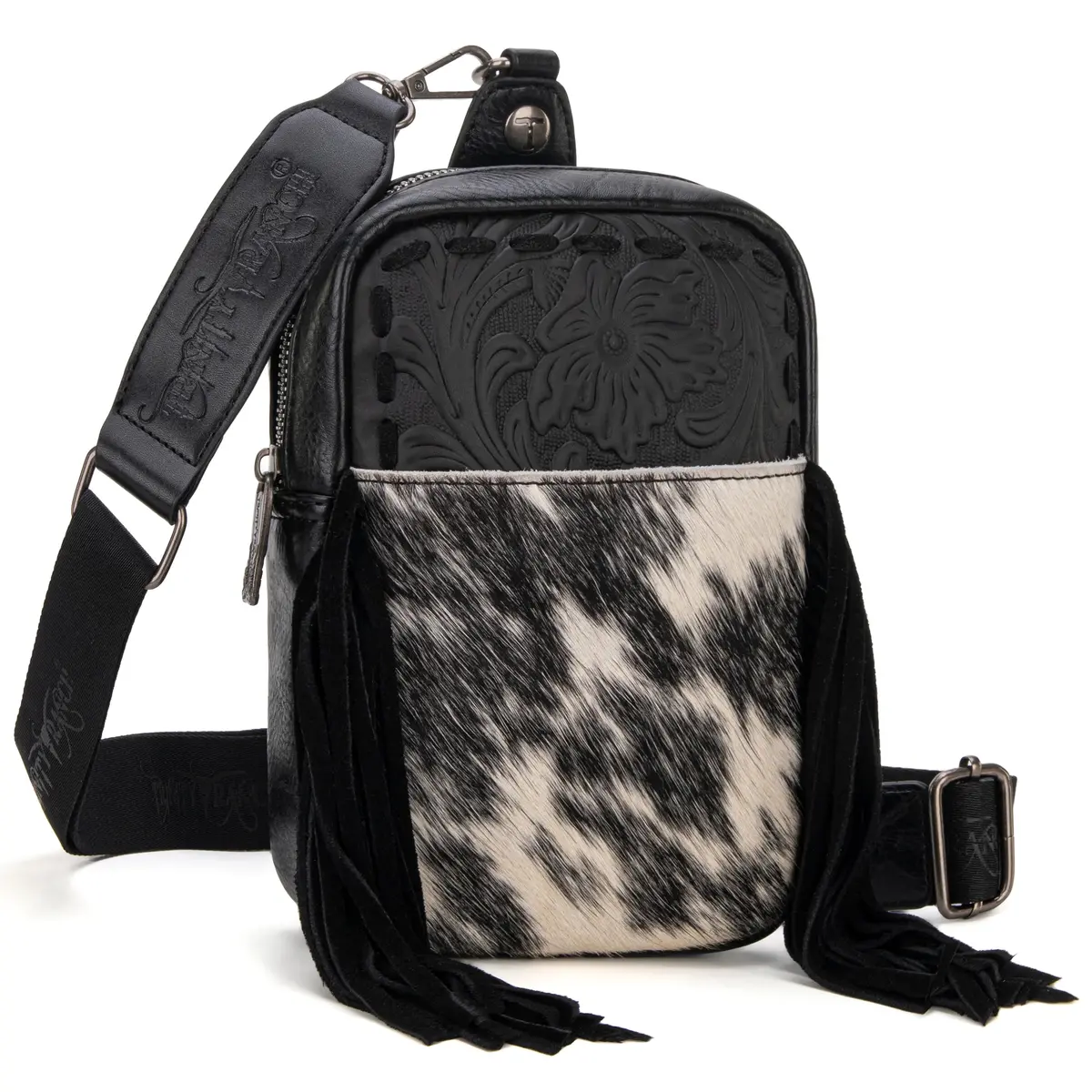 Trinity Ranch Genuine Hair-On Cowhide Tooled Fringe Sling Bag 1