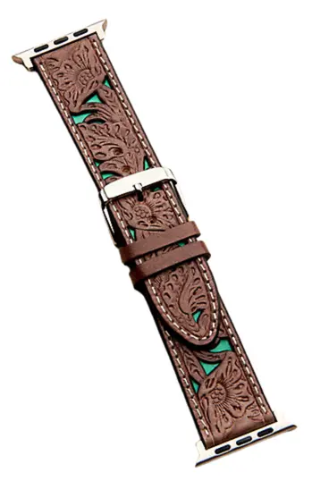Nocona Tooled Leather & Turquiose Apple Watch Band 1