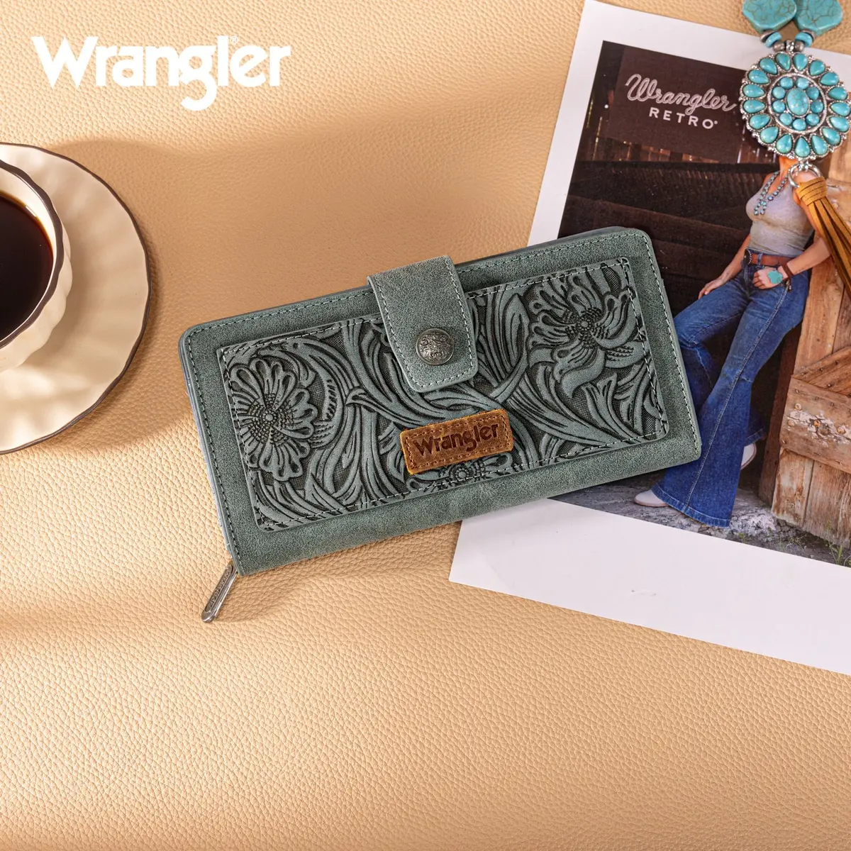 Wrangler Western Floral Tooled Rfid Wallet - Jean 1