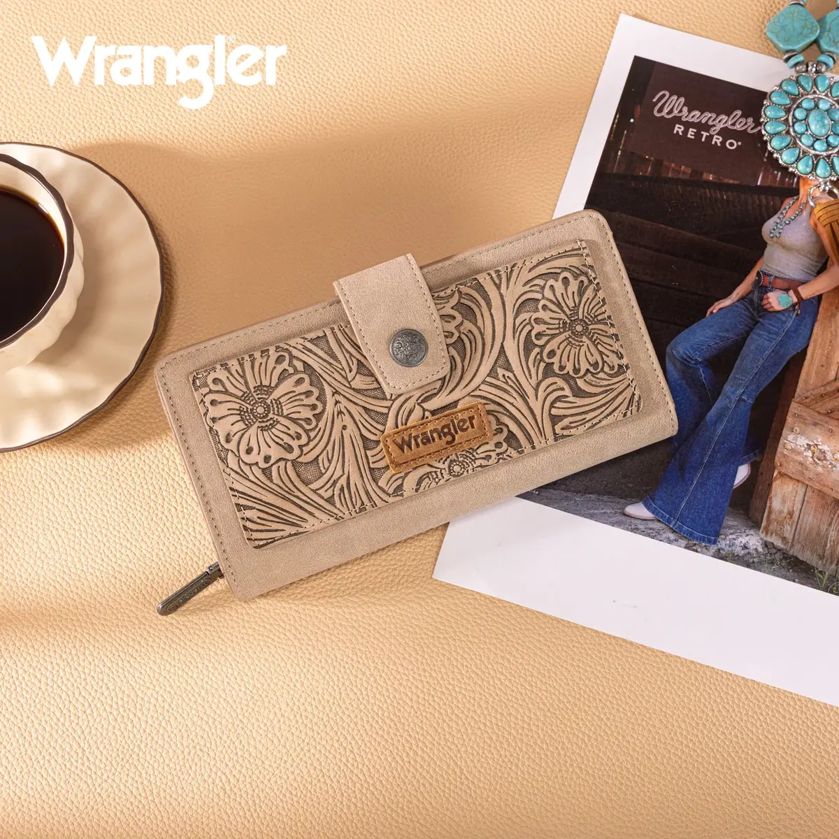 Wrangler Western Floral Tooled Rfid Wallet - Khaki 1