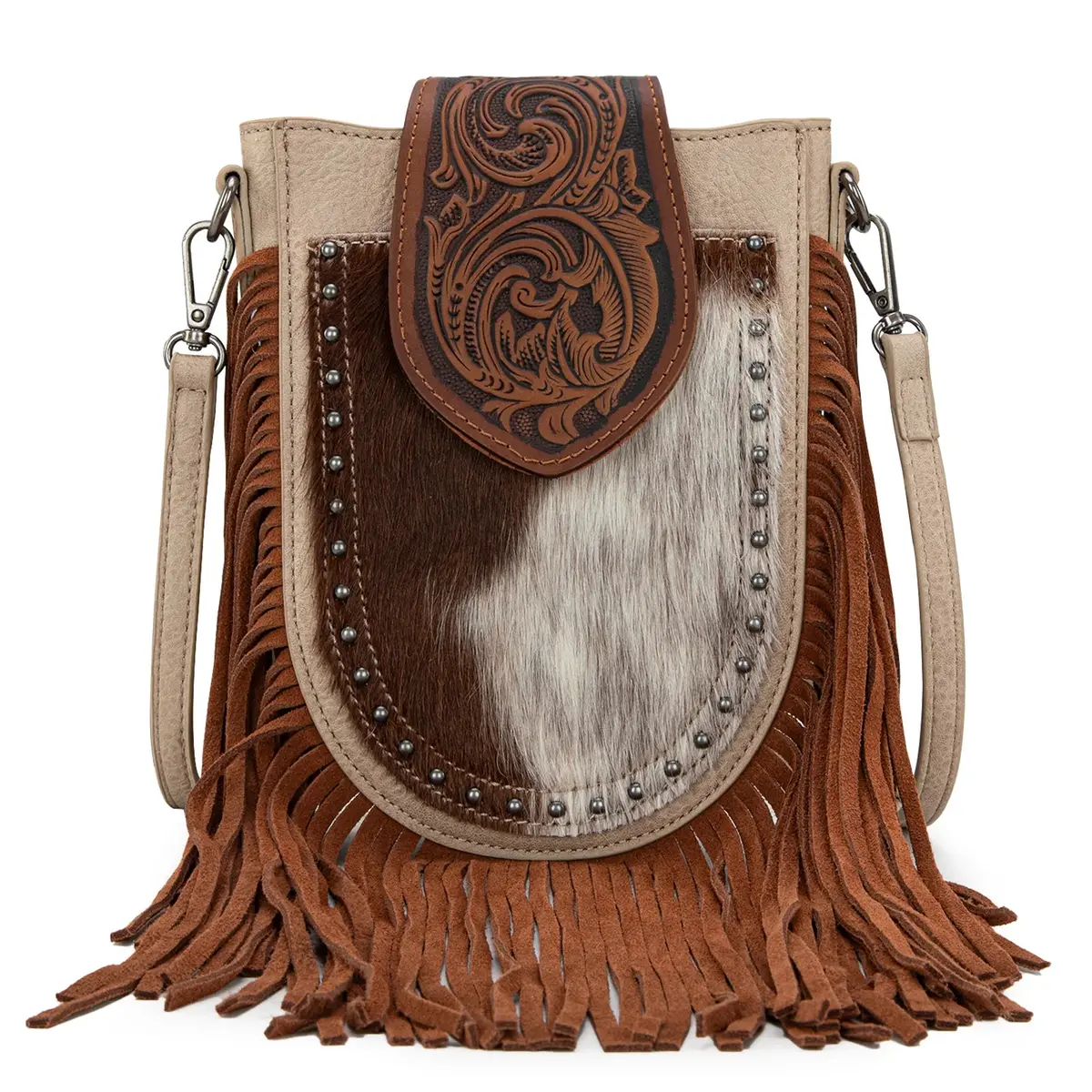 Trinity Ranch Genuine Hair-On Cowhide Tooled Fringe Crossbody Bag 1