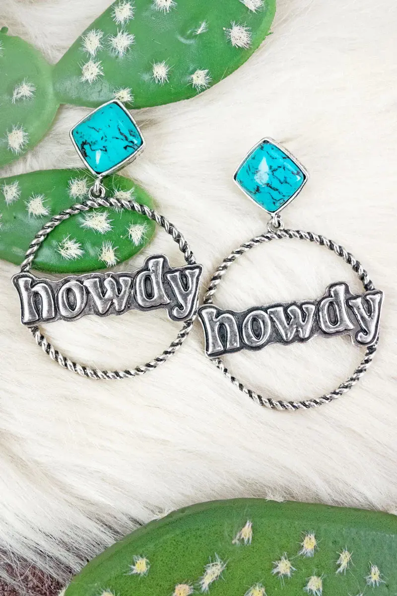 Turquoise And Silvertone 'Howdy' Drop Hoop Earrings 1