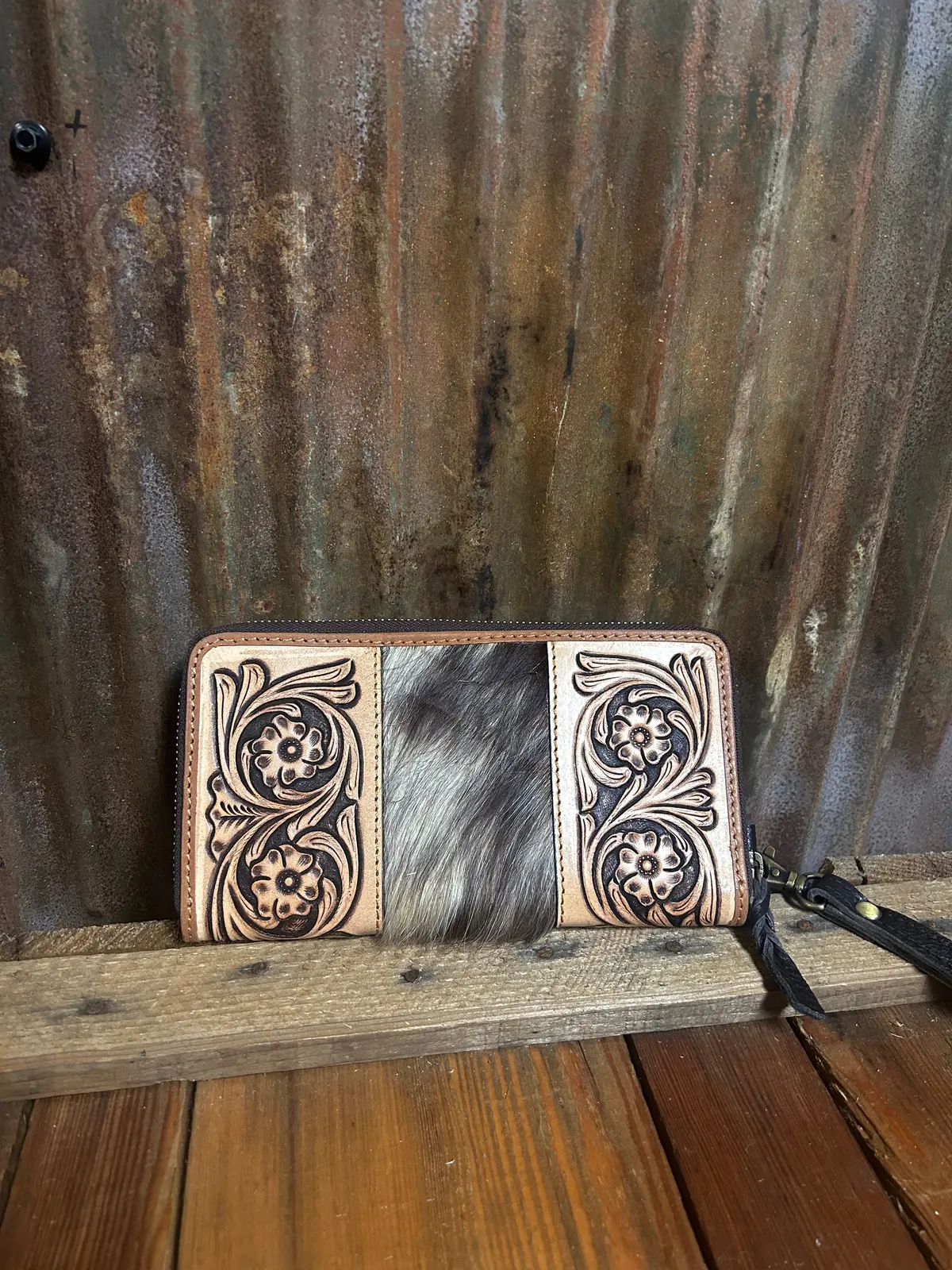 Challenger Hair On Hide Tooled Wallet/Wristlet 1