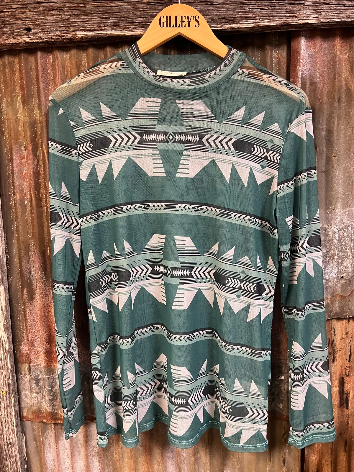Avery Turquoise Aztec Print Mesh Top 1