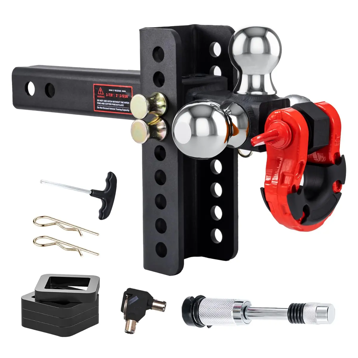 Adjustable Heavy-Duty Trailer Hitch Tri-Ball Mount With Rotatable Tow Shackle, Fits 2-In Receiver, 6-7" Rise/Drop, Ball Hitches For Trucks, 20,000 Lbs Gtw (Triple Ball With Shackle) 1