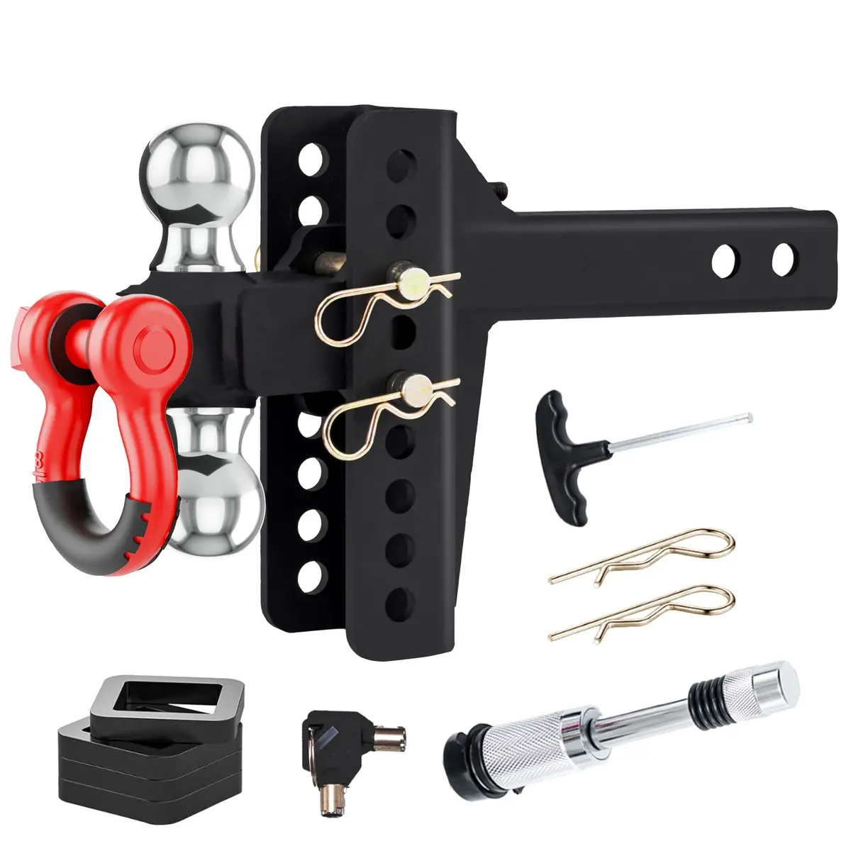 Adjustable Heavy-Duty Trailer Hitch Tri-Ball Mount With Rotatable Tow Shackle, Fits 2-In Receiver, 6-7" Rise/Drop, Ball Hitches For Trucks, 20,000 Lbs Gtw (Double Ball With Shackle) 1