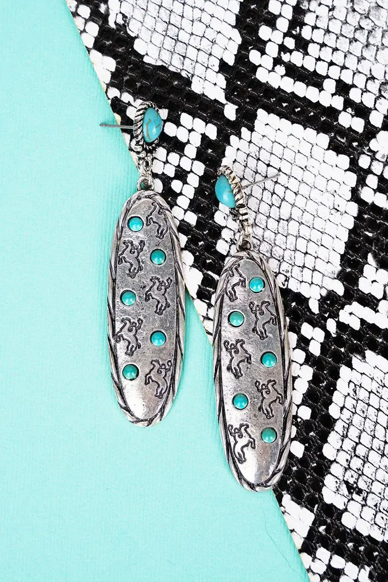 Silvertone And Turquoise Bronco Ridge Earrings 1