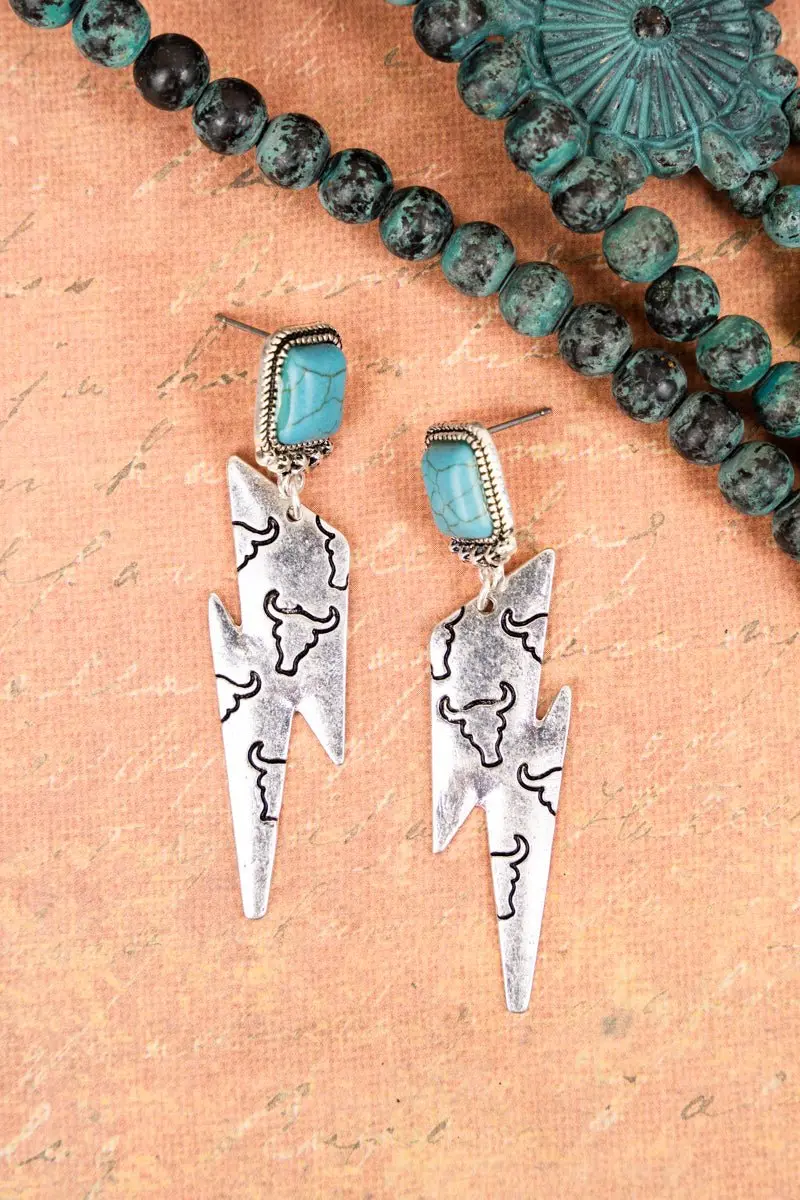 Steer Strike Turquoise Silvertone Earrings 1