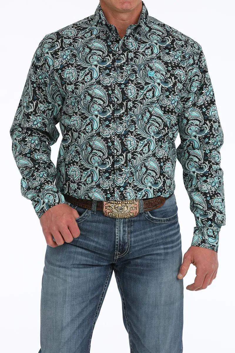 Cinch Paisley Print Button Down Shirt In Turquoise 1