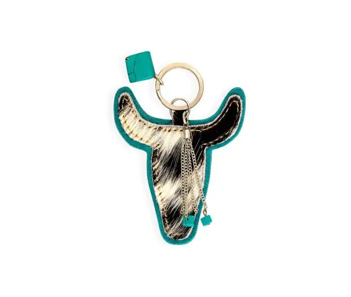 Buffalo Head Hair-On Hide Key Fob In Turquoise 1