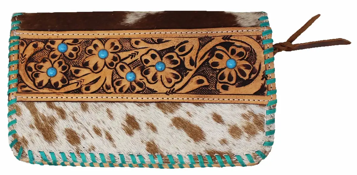 Challenger Western Cowhide Turquoise Laced Floral Tooled Leather Wallet 1